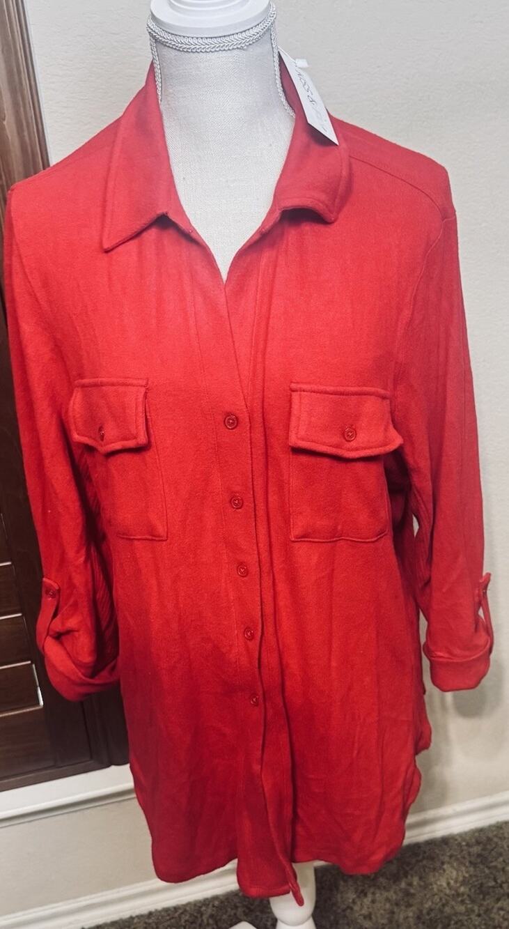 NWT Kiss & Fly Women's Red Roll Tab Sleeve Button Up Blouse Shirt Top Soft XL